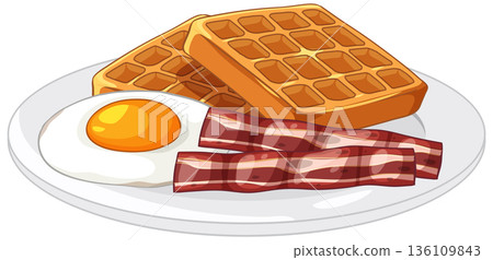 Breakfast Plate with Waffles Fried Egg and Crispy Bacon Strips Breakfast Plate with Waffles Fried Egg and Crispy Bacon Strips 136109843