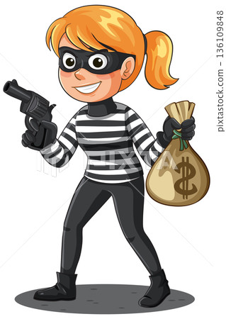 Cartoon Female Robber Holding Money Bag and Toy Gun 136109848