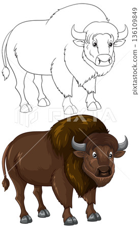 Cartoon American Bison Vector Illustration in Color and Line Art 136109849