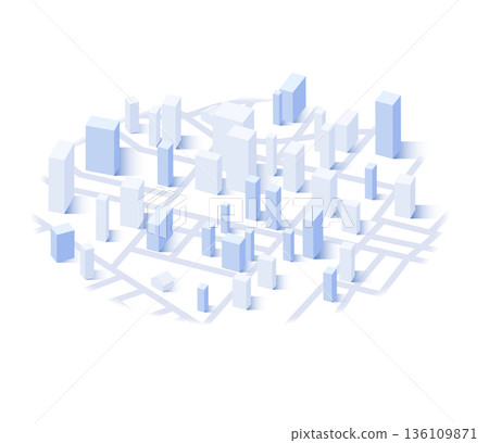 Urbanization concept, cityscape on map with interconnected lines. Encompasses the growth of urban areas. Reflects population concentration, the increasing interconnectedness of urban spaces. Vector 136109871