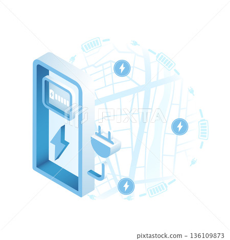 Search charging station online with mobile phone app. Location mark on gps navigation isometric map on smartphone application. POI fast supercharger station. EV destination tag. Vector illustration 136109873