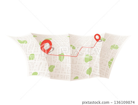 Paper map with red point. Local street gps navigate. City route navigation to marker. Geography distance plan. Vector illustration on white background Paper map with red point. Local street gps navigate. City route navigation to marker. Geography distance plan. Vector illustration on white background 136109874
