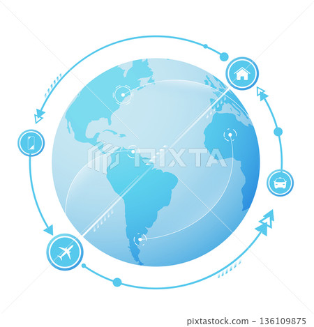 Concept of flights with multiple destinations . Global tourism with airplane traveling. Plane flying up on planet. Vector illustration Concept of flights with multiple destinations . Global tourism with airplane traveling. Plane flying up on planet. Vector illustration 136109875