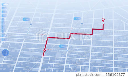 Location tracker dashboard with data of arrive time on city map. Isometric map of territory for search map navigation. Fragments of city. Vector illustration 136109877