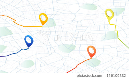 Isometric map with pins location on streets, marked with different colors. Pins connected by lines, as routes. Vector illustration 136109882