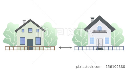 Minimum distance between buildings. Showcasing a residential house and shop with a distance indicator in a vector illustration. Regulation for human dwelling. 136109888