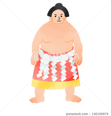 Watercolor illustration of a sumo wrestler wearing a mawashi belt 136109974