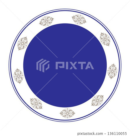 Blue white plate with gold floral design. Beautiful round frame arabesques. Vintage, ethnic vector frame EPS. Pattern frame for round surfaces, household utensils, textiles, embroidery, plate. Eps 10 Blue white plate with gold floral design. Beautiful round frame arabesques. Vintage, ethnic vector frame EPS. Pattern frame for round surfaces, household utensils, textiles, embroidery, plate. Eps 10 136110055