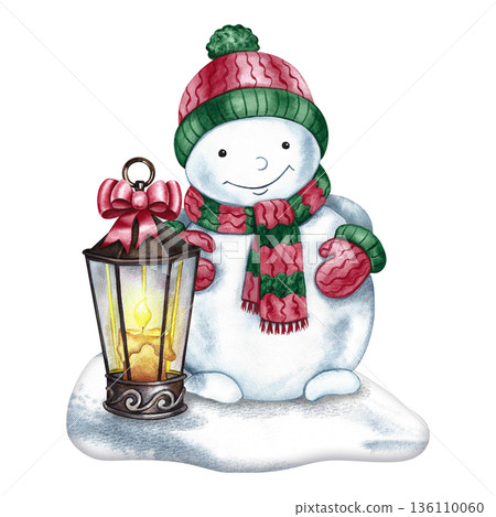Christmas snowman and lantern in the snow. Hand-drawn watercolor illustration. Colorful image. Cute snowman wearing a warm hat, scarf, and mittens. Perfect for postcards, posters, banners, and more. Christmas snowman and lantern in the snow. Hand-drawn watercolor illustration. Colorful image. Cute snowman wearing a warm hat, scarf, and mittens. Perfect for postcards, posters, banners, and more. 136110060