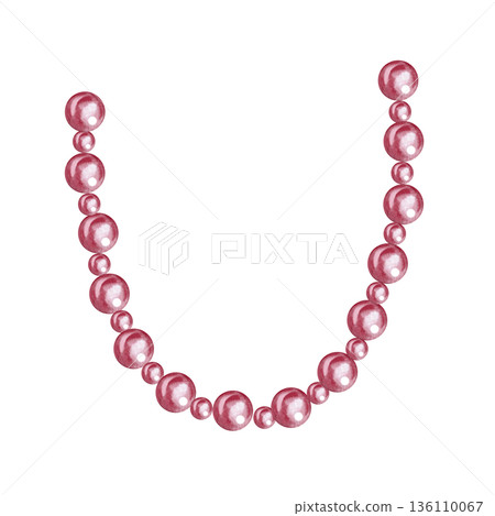 Pink beads. Hand-drawn watercolor illustration. Isolate. Women's accessory or Christmas tree decoration. Element of design for postcards, banners, packaging, and more. Pink beads. Hand-drawn watercolor illustration. Isolate. Women's accessory or Christmas tree decoration. Element of design for postcards, banners, packaging, and more. 136110067