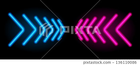 Blue and pink neon direction arrows. Glowing led sign elements. Shine tube lamps in arrowhead shape. Bright luminous fluorescent pointer effect for banner, poster, logo. Vector neon led light 136110086
