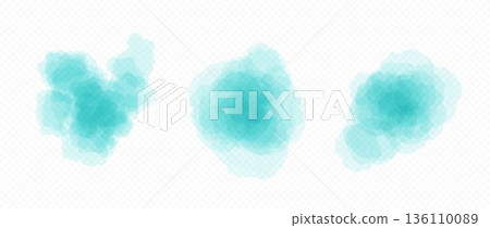 Turquoise blobs set in watercolor style. Soft watercolour texture splash effects. Vector round paint brush shape element collection. Abstract pastel color splatters, spots, stains and drops. Vector 136110089