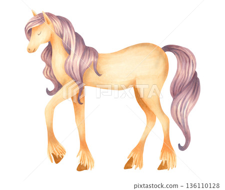 Cute fantasy horse. Watercolor illustration of a fairytale creature for children. Hand drawn isolated art. Pony for a nursery. Unicorn for greeting cards for a baby shower or childrens birthday. Cute fantasy horse. Watercolor illustration of a fairytale creature for children. Hand drawn isolated art. Pony for a nursery. Unicorn for greeting cards for a baby shower or childrens birthday. 136110128