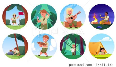 Scout children camp in nature round vector set, camping scene in round frame, tent and campfire, playing guitar, explore 136110138