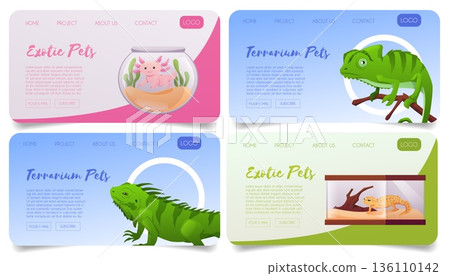 Terrarium pets landing page cartoon design vector set, exotic iguana pet, tropical reptile animal, Axolotl in aquarium Terrarium pets landing page cartoon design vector set, exotic iguana pet, tropical reptile animal, Axolotl in aquarium 136110142