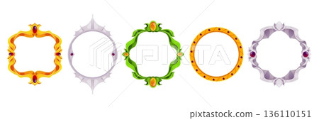 A set of blank frames of various shapes: gold, green, silver, with gemstones, for game interfaces. 136110151
