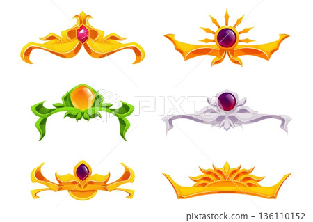 Crown with with gemstones or diamonds vector set, UI game winner award collection, medieval luxury and royal king symbol 136110152