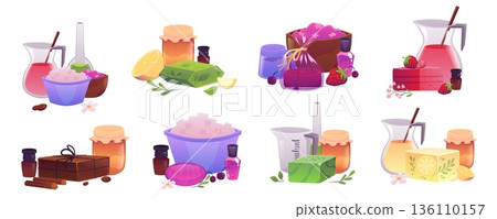 Bowl with soap ingredients, perfume liquid, flowers and berries composition vector set, handmade natural soap workshop Bowl with soap ingredients, perfume liquid, flowers and berries composition vector set, handmade natural soap workshop 136110157