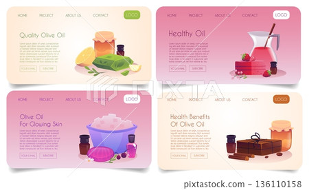 A set of website layouts featuring handmade soap and various ingredients. 136110158