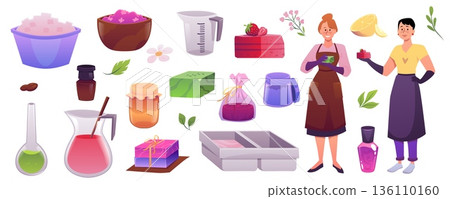 Making handmade natural soap theme illustrations vector set, bathing aromatherapy cosmetic product workshop collection 136110160