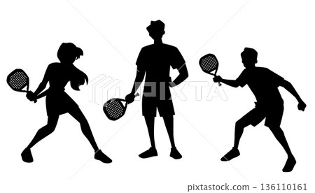 A set of black silhouettes of women and men moving with rackets. A set of black silhouettes of women and men moving with rackets. 136110161