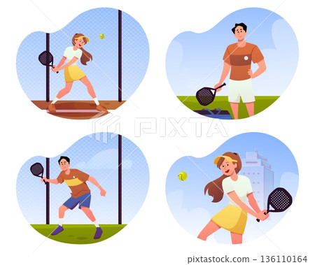 Paddle tennis player poses, sports men and women hitting ball with padel racket, athletes playing padel tennis on court 136110164