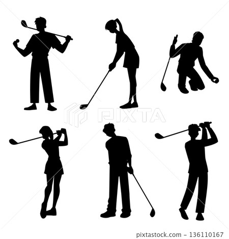 People playing golf, hitting ball with club, raised hands black silhouette vector set, men and women sports characters 136110167