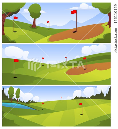 Golf course with flags and holes, nature landscape of green golf field course with hills vector flat illustrations set 136110169