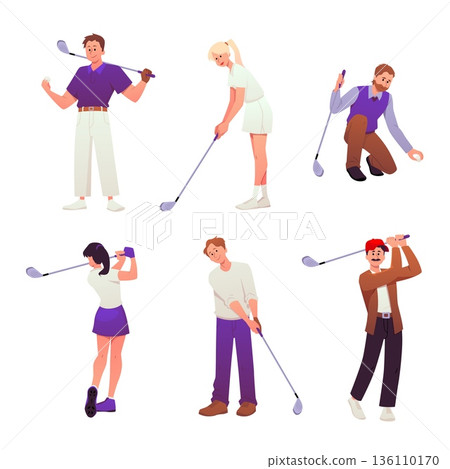 People playing golf, hitting ball with club, raised hands vector flat illustrations set, men and women sports characters 136110170