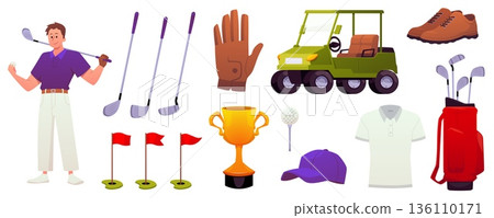 Golf sport game collection vector set, golfer, club and ball, golf equipment, clubs bag, car cart, cap, glove and boots Golf sport game collection vector set, golfer, club and ball, golf equipment, clubs bag, car cart, cap, glove and boots 136110171