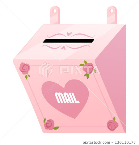 Love mail box with roses and heart flat vector icon, cute pink wall postbox for receiving romantic letters, Valentines 136110175