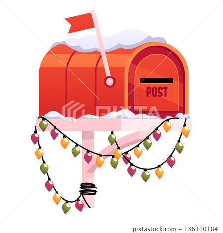 Red mailbox with flag, snow and garland flat vector icon, postal postbox for receiving letters, postcards Christmas mail Red mailbox with flag, snow and garland flat vector icon, postal postbox for receiving letters, postcards Christmas mail 136110184