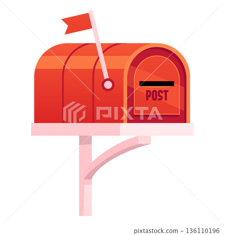 A red mailbox on a pole with a raised flag and a closed door with a slot. 136110196