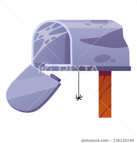 An old, abandoned metal mailbox with an open broken door, a spiderweb, a spider, and dirt. 136110199