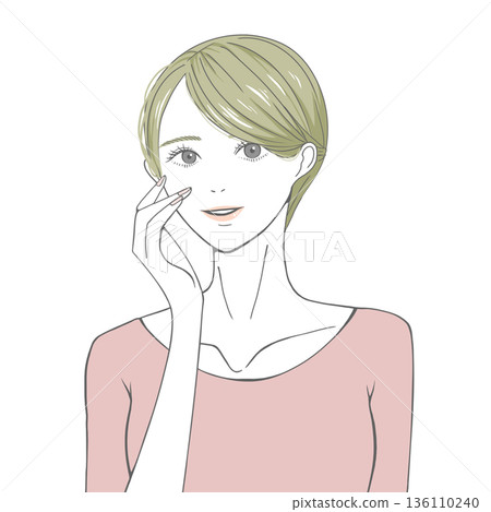 A blonde woman with her hand on her right cheek 136110240