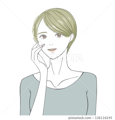 一位金髮女子,一隻手放在右臉頰上。 一位金髮女子,一隻手放在右臉頰上。 136110245