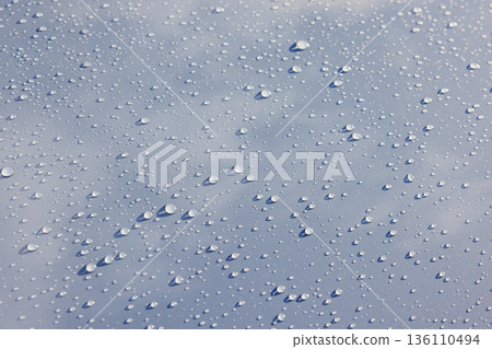 Countless shining droplets and reflections on the hood after the rain 136110494