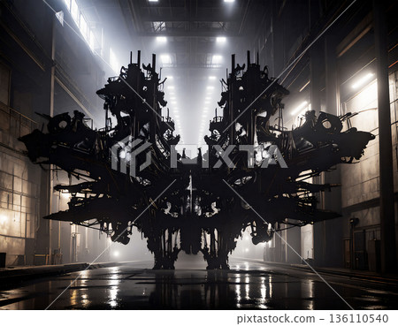 An unknown mechanical lifeform appears in a huge factory. A majestic and dark dystopian backdrop, woven with fog and light. 136110540