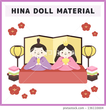女兒節雛人偶插圖。向量圖，描繪了可愛的雛人偶、天皇和皇后人偶，周圍環繞著金色屏風和桃花。 136110884