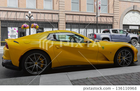 Yellow Ferrari 812 superfast parked on the street of Victoria city, BC, Canada-July 23,2021. 136110968