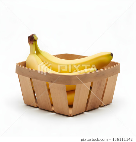Banana Fruit In Slotted Wooden Basket Low Angle 136111142