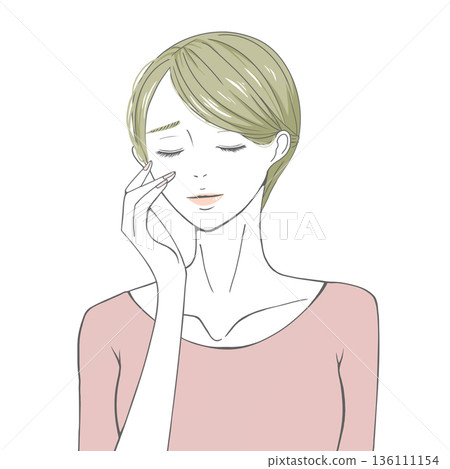 A blonde woman with her eyes closed and her hand on her right cheek 136111154