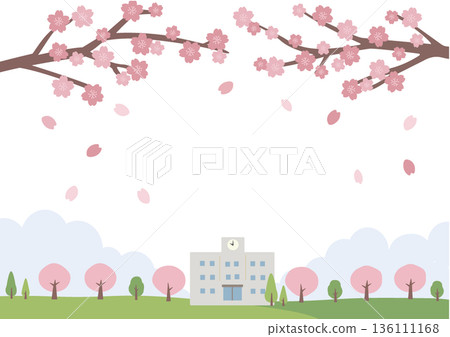 春季背景插圖 春季材料 學校和櫻花插圖 橫幅 136111168