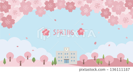 春季背景插圖 春季材料 學校和櫻花插圖 橫幅 春季背景插圖 春季材料 學校和櫻花插圖 橫幅 136111187