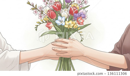 The moment when kindness is conveyed when handing over a bouquet 136111306