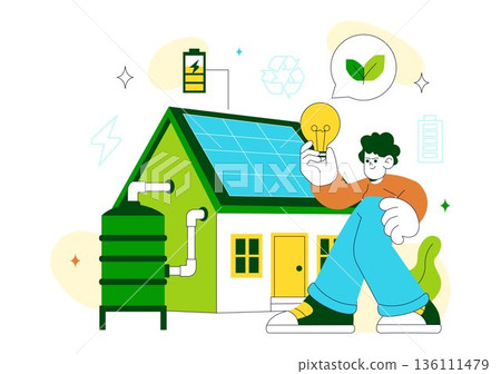 Self Sustainable Homes Vector Illustration Featuring Eco Friendly Design, Renewable Energy, Green Living, And Modern Architecture in a Flat Background Self Sustainable Homes Vector Illustration Featuring Eco Friendly Design, Renewable Energy, Green Living, And Modern Architecture in a Flat Background 136111479