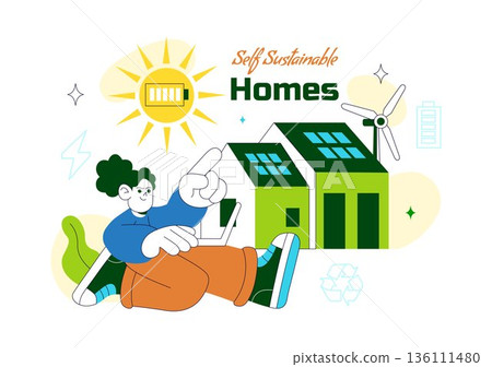 Self Sustainable Homes Vector Illustration Featuring Eco Friendly Design, Renewable Energy, Green Living, And Modern Architecture in a Flat Background Self Sustainable Homes Vector Illustration Featuring Eco Friendly Design, Renewable Energy, Green Living, And Modern Architecture in a Flat Background 136111480
