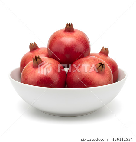 Pomegranate Fruit Five Whole in White Bowl Front View 136111554