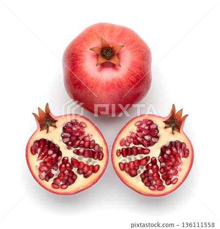 Pomegranate Fruit Whole and Two Halves Overhead View 136111558