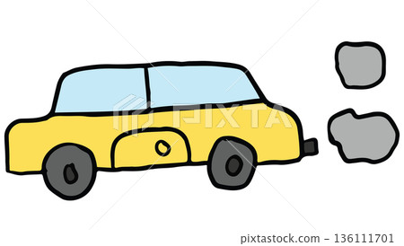 Hand drawn illustration of yellow car for transportation, commute to work, pollution, back to school, travel, trip, vacation, journey, holidays, sticker, print, road, street view, icon 136111701